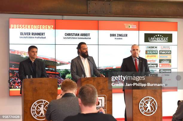 Oliver Ruhnert, spokesman Christian Arbeit and president Dirk Zingler of 1 FC Union Berlin during the press conference at Stadion an der alten...