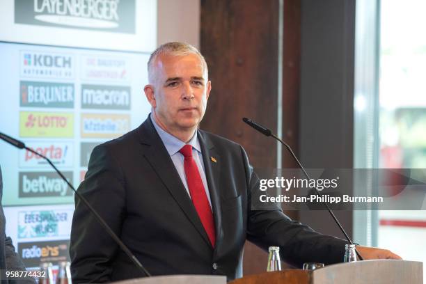 President Dirk Zingler of 1 FC Union Berlin during the press conference at Stadion an der alten Foersterei on May 15, 2018 in Berlin, Germany.