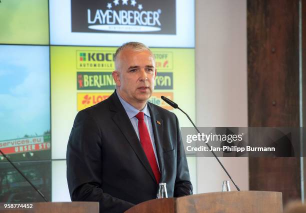 President Dirk Zingler of 1 FC Union Berlin during the press conference at Stadion an der alten Foersterei on May 15, 2018 in Berlin, Germany.