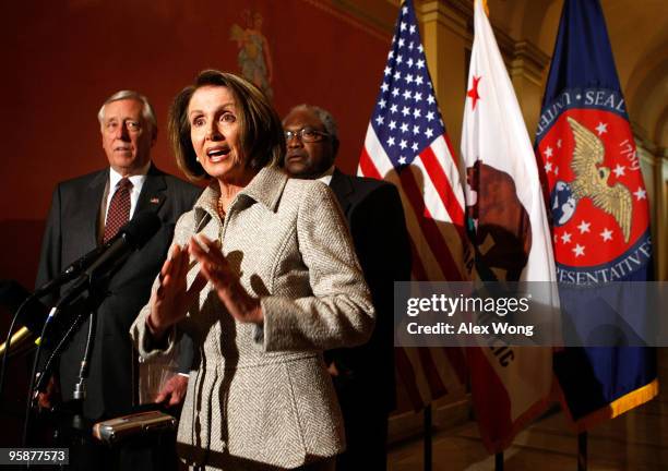 Speaker of the House Rep. Nancy Pelosi speaks to the media as House Majority Leader Rep. Steny Hoyer and House Majority Whip Rep. James Clyburn...