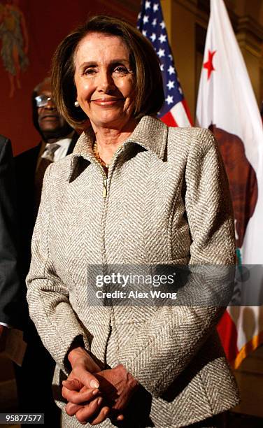 Speaker of the House Rep. Nancy Pelosi listens to the media during a press availability January 19, 2010 on Capitol Hill in Washington, DC. Pelosi...