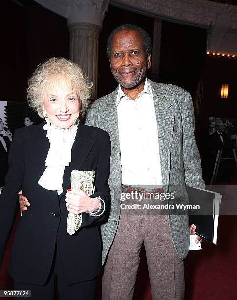 Selma Archerd and Sidney Poitier at a memorial in honor of Army Archerd hosted by Variety on January 18, 2010 in Los Angeles, California.