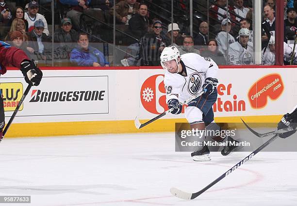 Sam Gagner of the Edmonton Oilers shoots against the Colorado Avalanche at the Pepsi Center on January 18, 2010 in Denver, Colorado. Colorado beat...