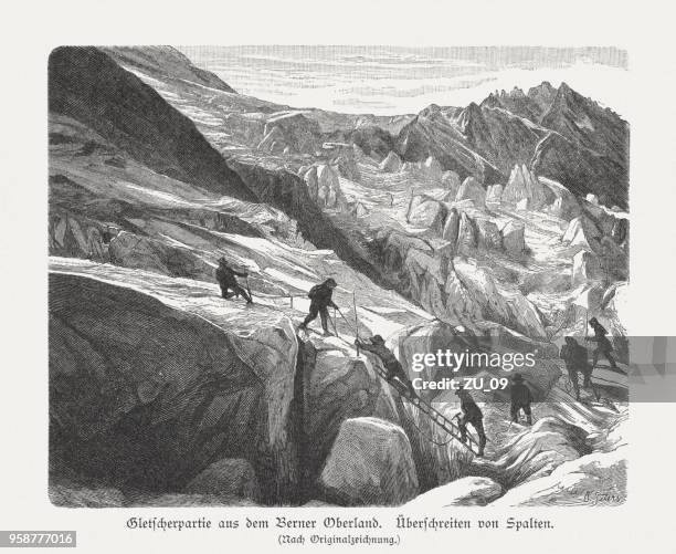 climbers exceed crevasses, bernese oberland, switzerland, wood engraving, published 1897 - bernese alps stock illustrations
