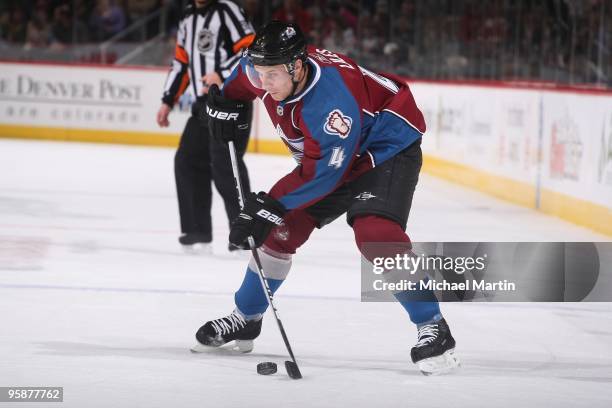 John-Michael Liles of the Colorado Avalanche skates against the Edmonton Oilers at the Pepsi Center on January 18, 2010 in Denver, Colorado. Colorado...