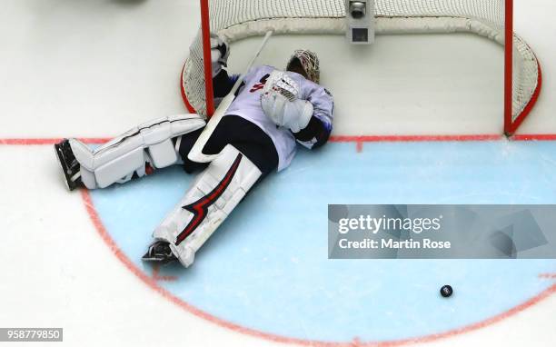 Keith Kinkaid, goaltender of the United States reacts during the 2018 IIHF Ice Hockey World Championship Group B game between Finland and United...