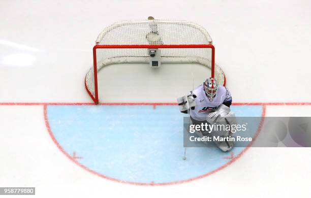 Keith Kinkaid, goaltender of the United States reacts during the 2018 IIHF Ice Hockey World Championship Group B game between Finland and United...