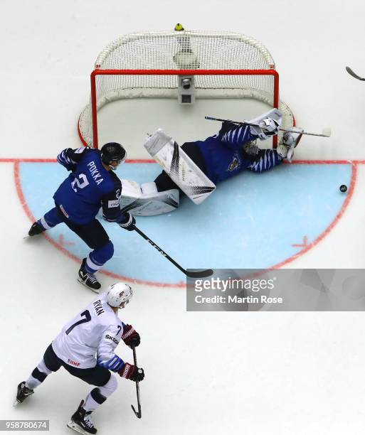 Harri Sateri, goaltender of Finland tends net against the United States during the 2018 IIHF Ice Hockey World Championship Group B game between...