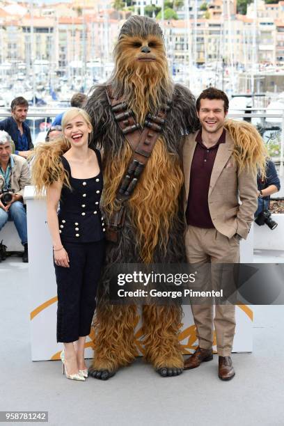 Emilia Clarke, Chewbacca and Alden Ehrenreich attend the photocall for 'Solo: A Star Wars Story' during the 71st annual Cannes Film Festival at...