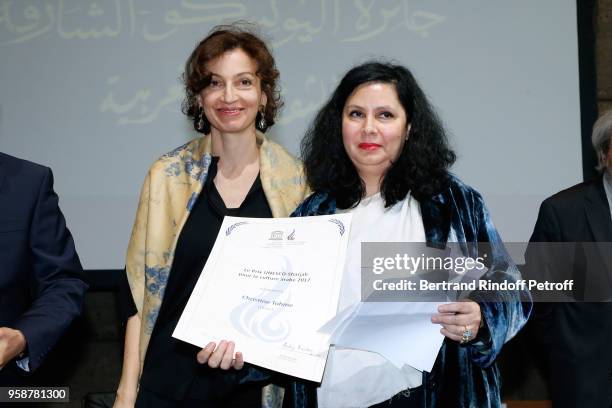 General Director of UNESCO Audrey Azoulay and Laureate of the Prize : Lebanese cultural organizer and curator, Christine Tohme attend the Award...