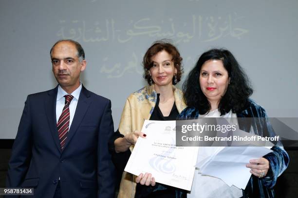 Chairman of the Department of Culture and Information in Sharjah, Abdullah Al Owais, General Director of UNESCO Audrey Azoulay and Laureate of the...