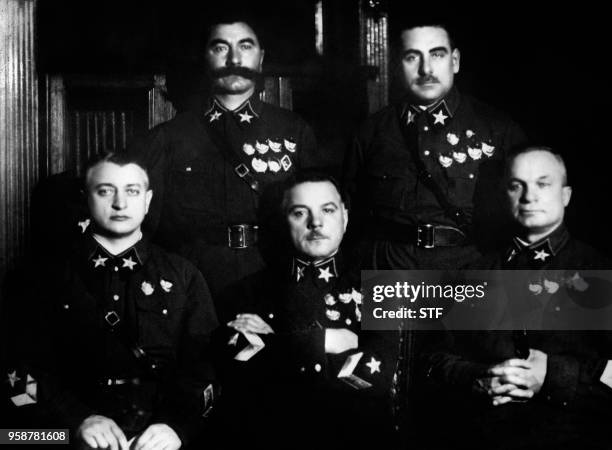 First row, from left,Soviet assistant in the People's Commissariat of Defence Mikhail Tukhachevsky, People's Commissar for Defense of the Soviet...