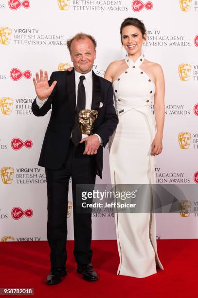 Toby Jones winner of Male Performance In A Comedy Programme for 'Detectorists' and presenter Hayley Atwell pose in the press room at the Virgin TV...