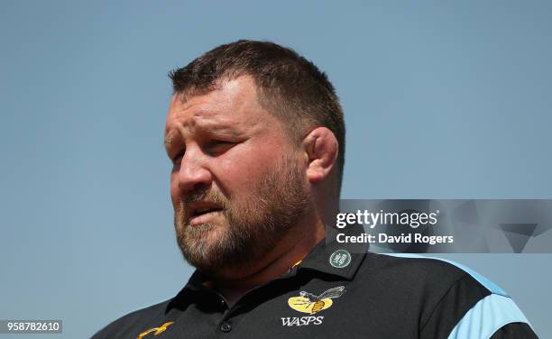 Dai Young, the Wasps director of rugby faces the media during the Wasps media session held at their training ground on May 15, 2018 in Coventry,...