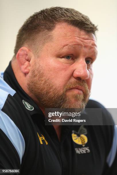 Dai Young, the Wasps director of rugby faces the media during the Wasps media session held at their training ground on May 15, 2018 in Coventry,...