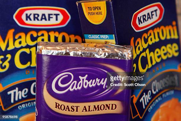 Kraft brand Macaroni & Cheese and Cadbury chocolate are displayed January 19, 2010 in Chicago, Illinois. The British chocolate giant Cadbury has...