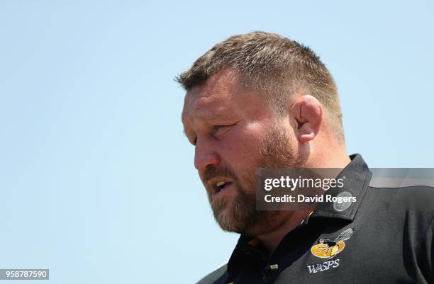 Dai Young, the Wasps director of rugby faces the media during the Wasps media session held at their training ground on May 15, 2018 in Coventry,...