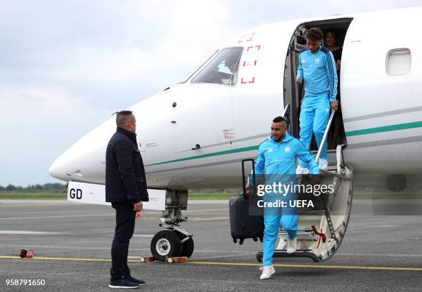 In this handout image provided by UEFA Dimitri Payet of Olympique de Marseille arrives ahead of the the UEFA Europa League Final against Club...