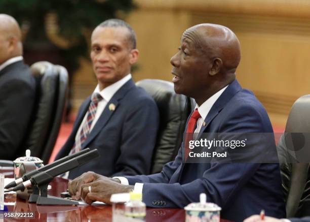Trinidad and Tobago Prime Minister Keith Rowley speaks during a meeting with China's President Xi Jinping at the Great Hall of the People on May 15,...