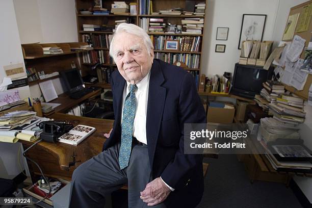 Writer and television commentator Andy Rooney poses for a portrait session on January 8, 2010 at his "60 Minutes" office in New York, NY. Published...