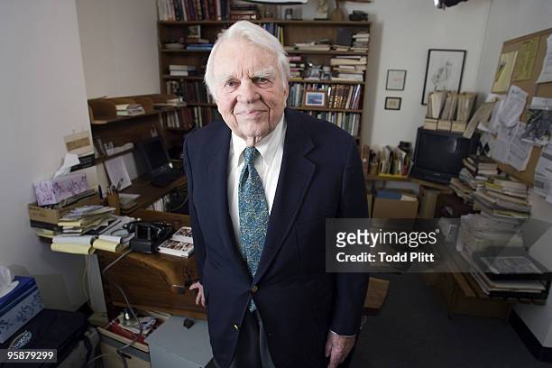 Writer and television commentator Andy Rooney poses for a portrait session on January 8, 2010 at his "60 Minutes" office in New York, NY.