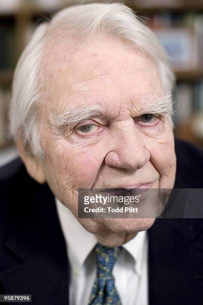 Writer and television commentator Andy Rooney poses for a portrait session on January 8, 2010 at his "60 Minutes" office in New York, NY. Published...