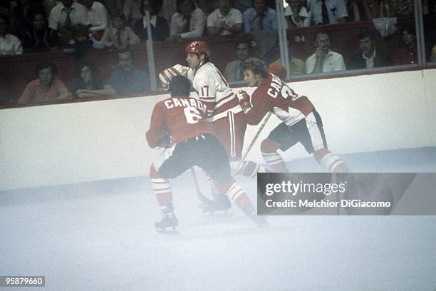 The Summit Series: Soviet Union Valeri Kharlamov in action vs Canada Ron Ellis and Bobby Clarke at Montreal Forum. Game 1. Montreal, Canada 9/2/1972...