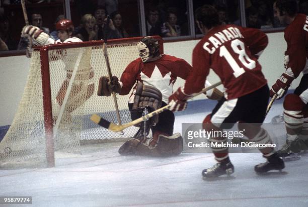 The Summit Series: Soviet Union Valeri Kharlamov celebrates, behind net after scoring the goal against Ken Dryden of Canada during Game 1 at Montreal...