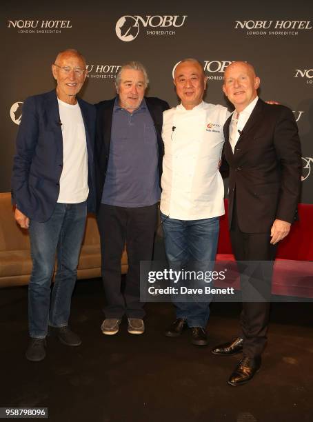 Meir Teper, Robert De Niro, Nobuyuki Matsuhisa and Trevor Horwell attend the Nobu Hotel London Shoreditch Official Launch Press Conference on May 15,...