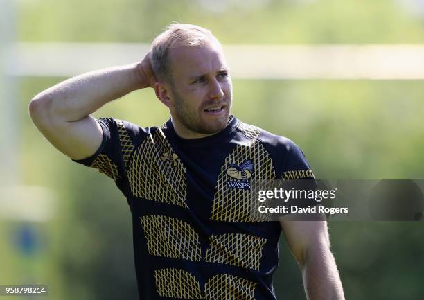 Dan Robson looks on during the Wasps training session held at their training ground on May 15, 2018 in Coventry, England.