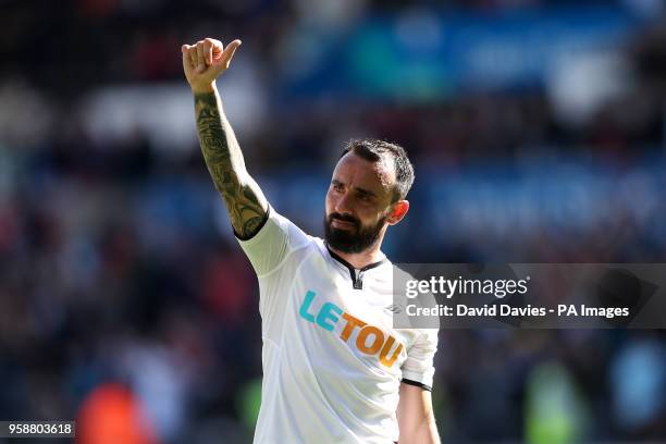Swansea City's Leon Britton acknowledges the fans at the end of the Premier League match at the Liberty Stadium, Swansea