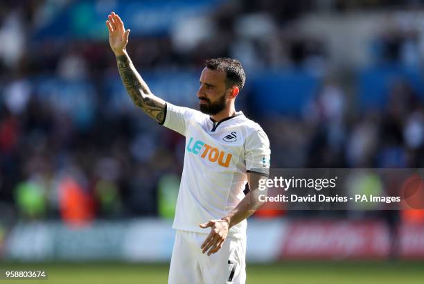 Swansea City's Leon Britton acknowledges the fans at the end of the Premier League match at the Liberty Stadium, Swansea