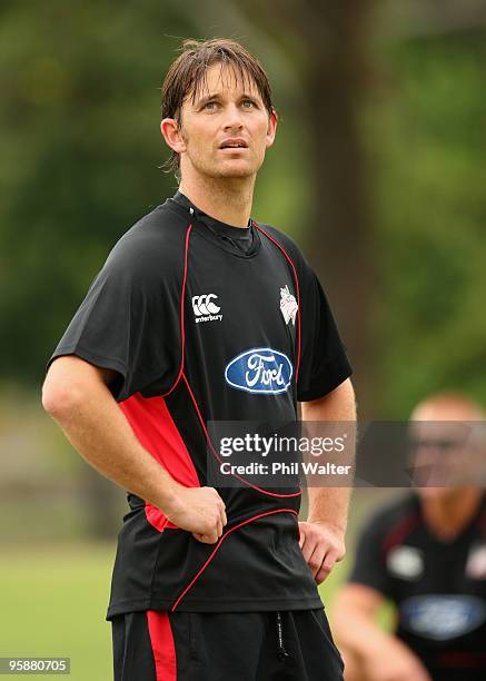 Shane Bond of the Canterbury Wizards looks on during a training session at QEII Park on January 20, 2010 in Christchurch, New Zealand. Shane Bond was...