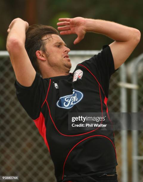 Shane Bond of the Canterbury Wizards bowls during a training session at QEII Park on January 20, 2010 in Christchurch, New Zealand. Shane Bond was...