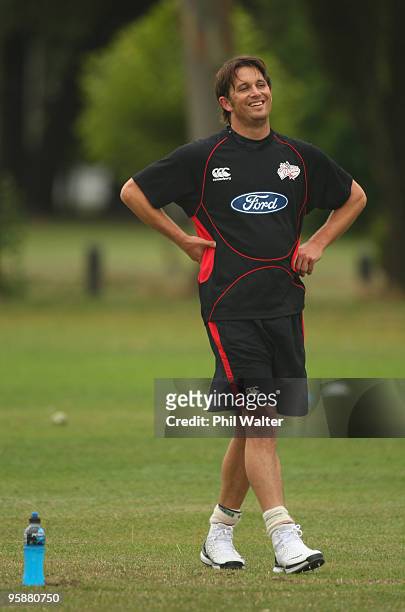 Shane Bond of the Canterbury Wizards looks on during a training session at QEII Park on January 20, 2010 in Christchurch, New Zealand. Shane Bond was...