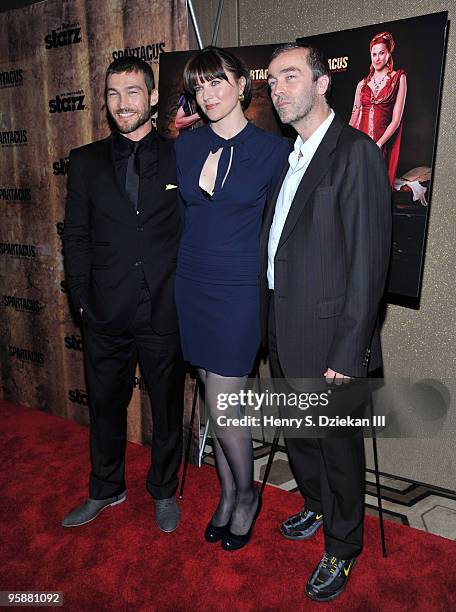 Actors Andy Whitfield, Lucy Lawless and John Hannah attends the premiere of "Spartacus: Blood and Sand" at the Tribeca Grand Screening Room on...