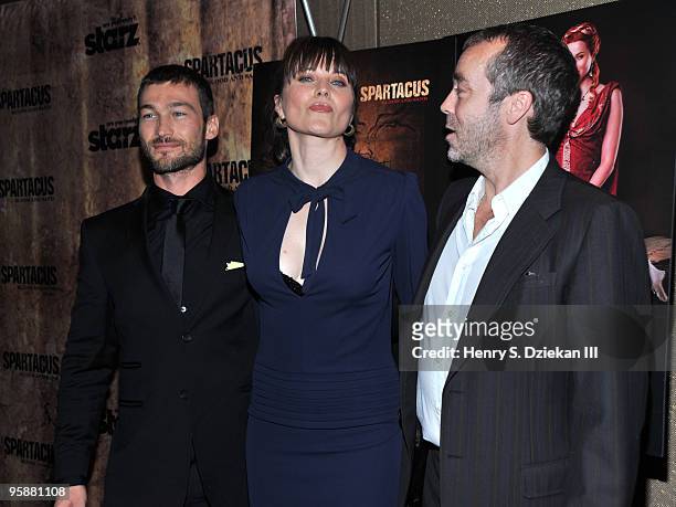 Actors Andy Whitfield, Lucy Lawless and John Hannah attends the premiere of "Spartacus: Blood and Sand" at the Tribeca Grand Screening Room on...