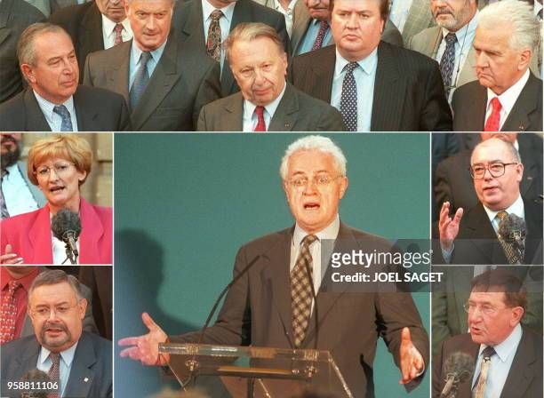 Montage de 6 photos - Au centre, le Premier ministre Lionel Jospin fait une déclaration, le 10 octobre à l'hôtel Matignon à Paris, à l'issue de la...