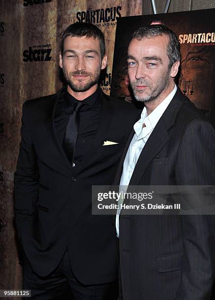 Actors Andy Whitfield and John Hannah attend the premiere of "Spartacus: Blood and Sand" at the Tribeca Grand Screening Room on January 19, 2010 in...