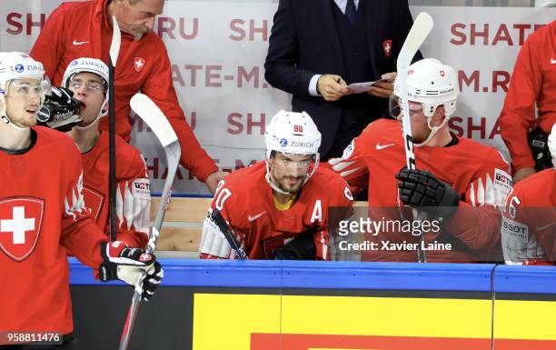 Roman Josi of Switzerland reacts with teammates during the 2018 IIHF Ice Hockey World Championship Group A between Switzerland and France at Royal...