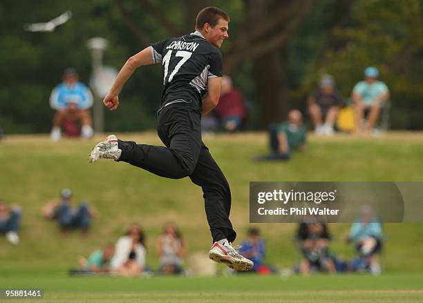 Tim Johnston of New Zealand celebrates his dismissal of Kithruwan Vithanage of Sri Lanka during the ICC U19 Cricket World Cup match between New...