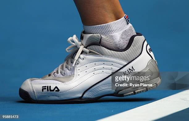 Detailed view of the footwear of Kim Clijsters of Belgium in her second round match against Tamarine Tanasugarn of Thailand during day three of the...