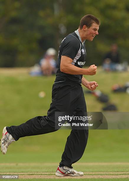 Tim Johnston of New Zealand celebrates his dismissal of Kithruwan Vithanage of Sri Lanka during the ICC U19 Cricket World Cup match between New...