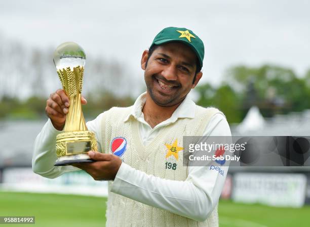 Dublin , Ireland - 15 May 2018; Pakistan captain Sarfraz Ahmed with the Brighto trophy following his side's victory on day five of the International...