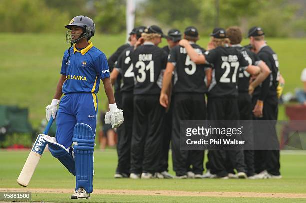 Udara Jayasundara of Sri Lanka walks off the field after being caight out by Michael Bracewell of New Zealand during the ICC U19 Cricket World Cup...