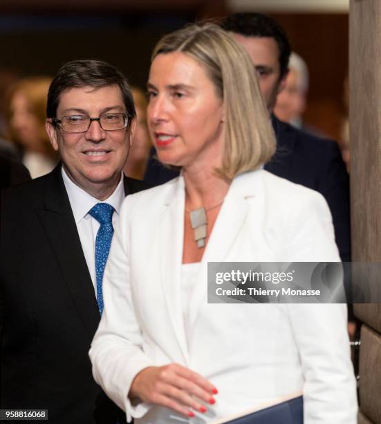 Cuban Foreign Affairs Minister Bruno Rodriguez is welcomed by the High Representative of the European Union for Foreign Affairs and Security Policy...