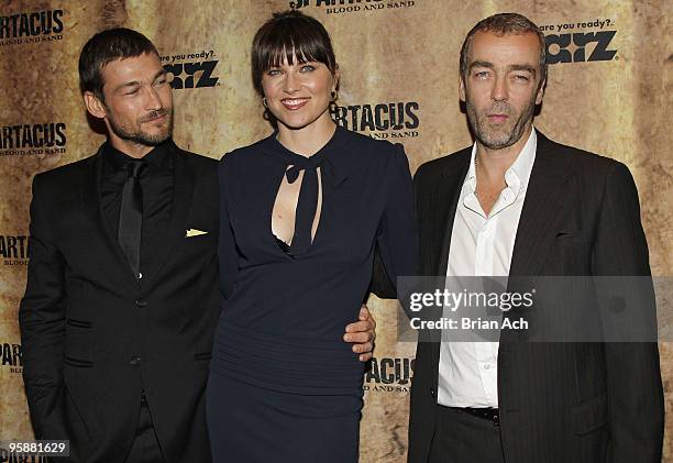 Actors Andy Whitfield, Lucy Lawless, and John Hannah attend the "Spartacus: Blood and Sand" New York premiere at the Tribeca Grand Screening Room on...