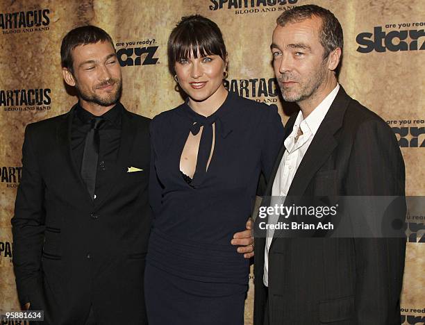 Actors Andy Whitfield, Lucy Lawless, and John Hannah attend the "Spartacus: Blood and Sand" New York premiere at the Tribeca Grand Screening Room on...