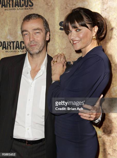 Actors John Hannah and Lucy Lawless attend the "Spartacus: Blood and Sand" New York premiere at the Tribeca Grand Screening Room on January 19, 2010...