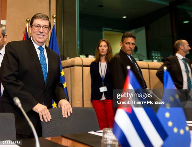 Cuban Foreign Affairs Minister Bruno Rodriguez arrives for a bilateral meeting with EU Officials at the EU Council headquarters on May 15, 2018 in...